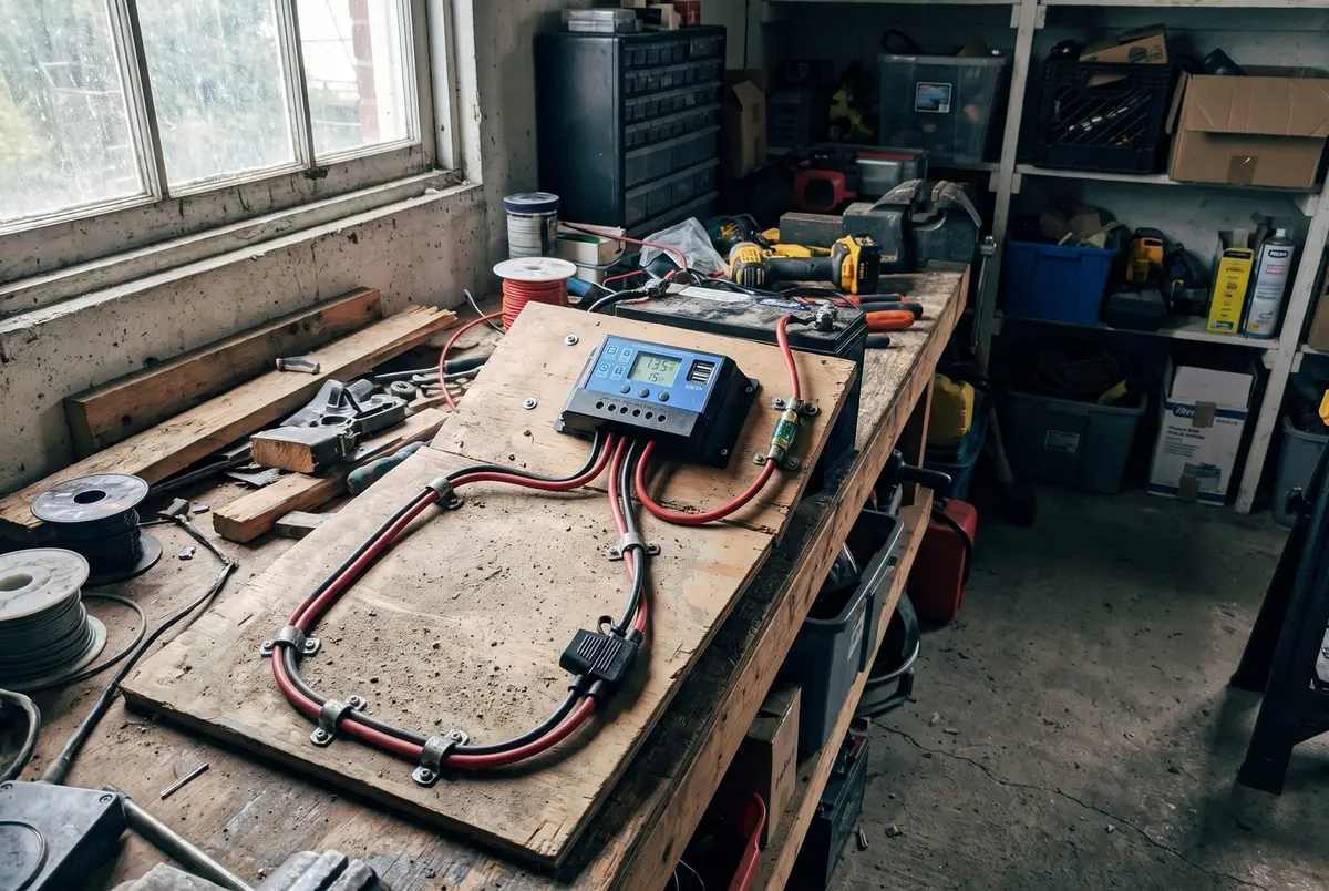 A solar charge controller with a blue display mounted on a plywood board on a workbench, red and black cables clipped neatly beneath it