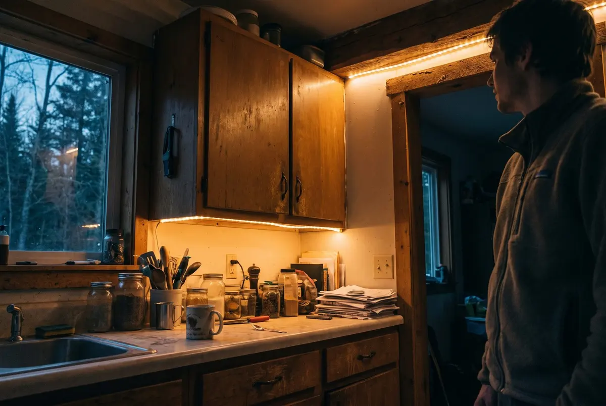A cabin kitchen at dusk lit by warm LED strips under the wall cabinets and above a doorway, with a man in a fleece jacket standing in the doorway