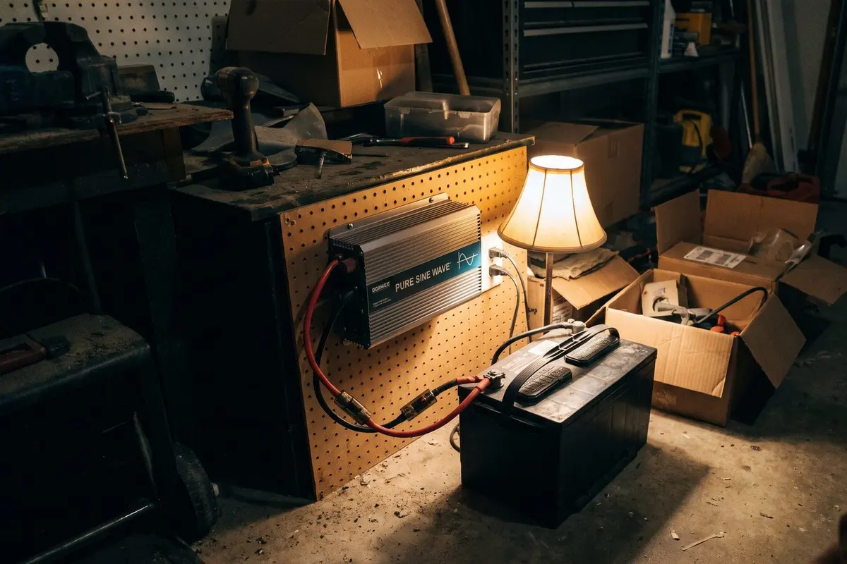 A pure sine wave inverter mounted on pegboard in a dim garage, red and black cables running to a 12 V battery on the floor, a lit table lamp plugged in beside it