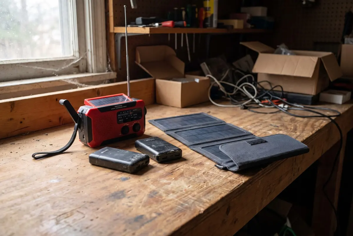 A red hand-crank emergency radio with its antenna extended, two black power banks and a folding solar charger laid out on a wooden workbench by a window