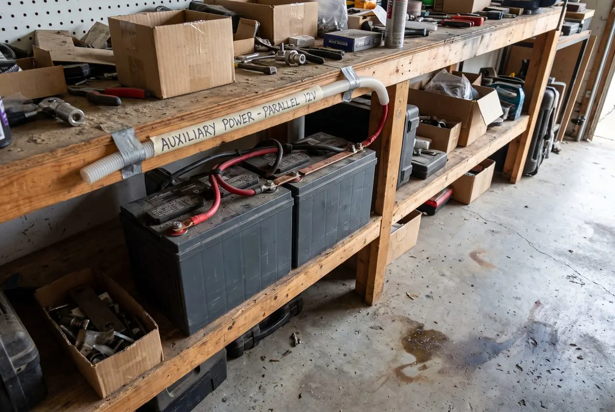 Two 12 V batteries joined with red and black cables on a shelf under a garage workbench, a conduit above them labeled Auxiliary Power, Parallel 12V