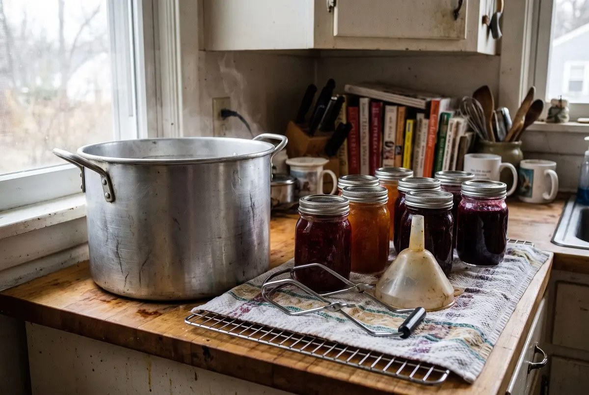 A large aluminum stock pot on a wooden kitchen counter beside sealed jars of red and orange jam, a jar lifter and a canning funnel on a towel over a cooling rack