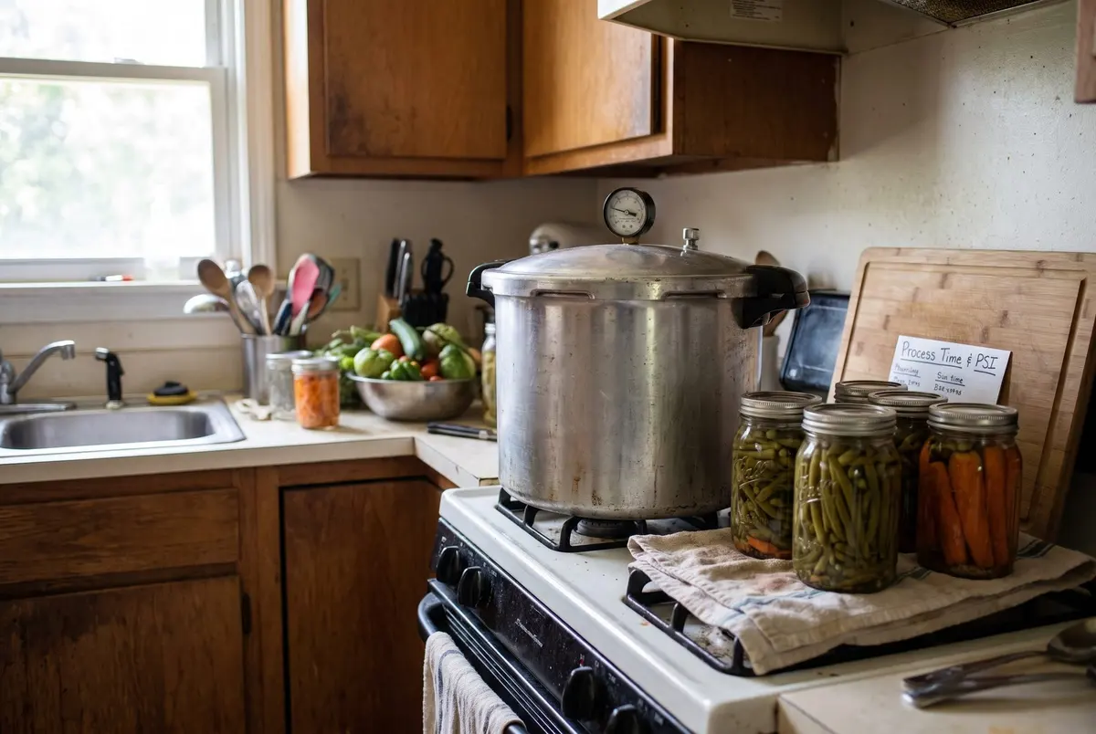 A stovetop pressure canner with a dial gauge on a white gas range, beside sealed jars of green beans and carrots and a handwritten process time and PSI card