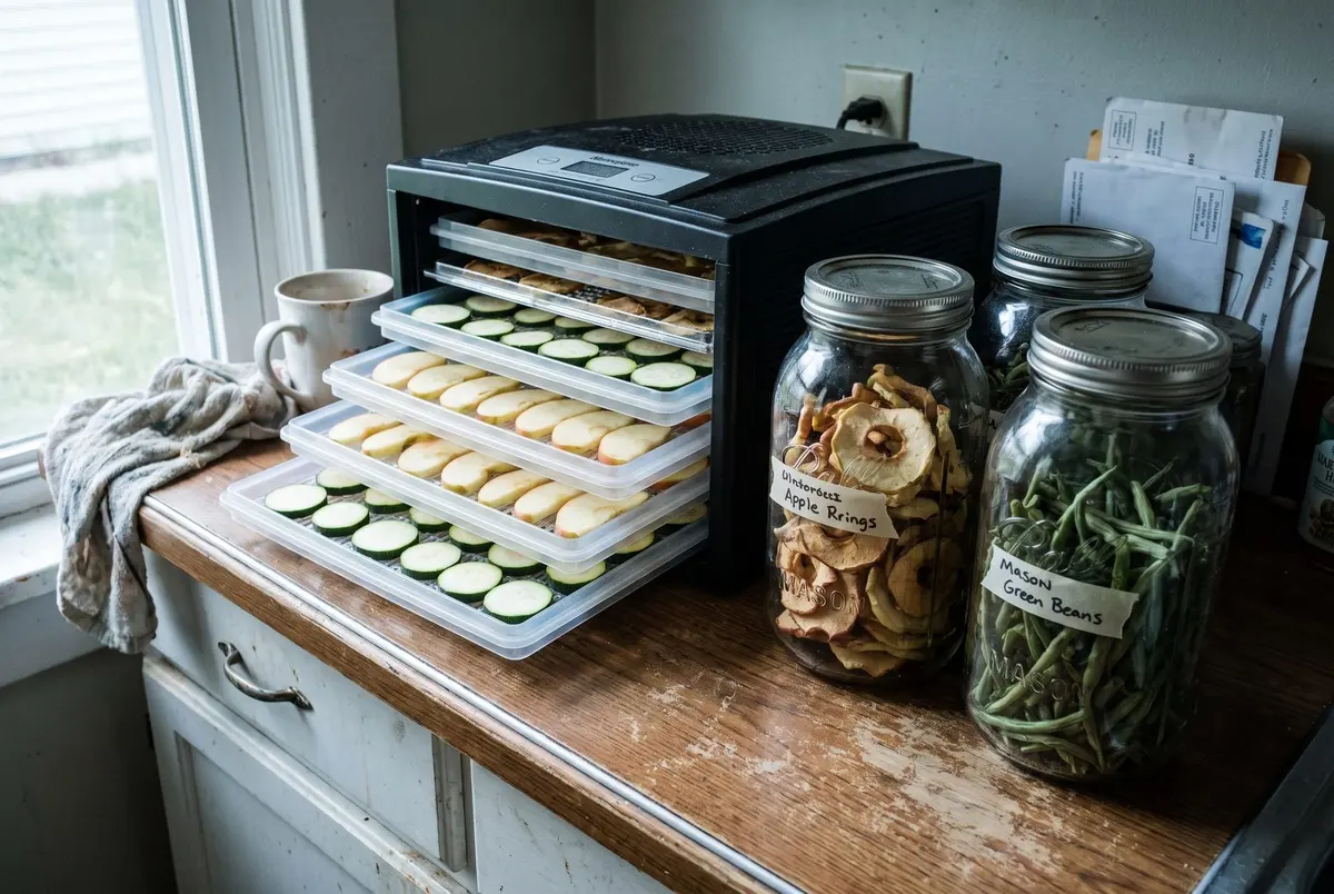 An electric food dehydrator with trays of sliced zucchini and apple rings on a kitchen counter, next to labeled glass jars of dried apple rings and dried green beans