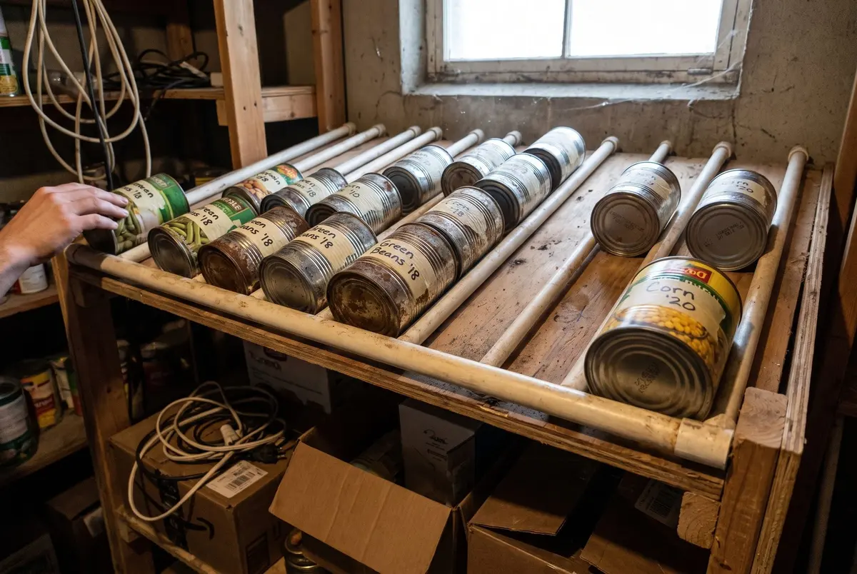 A wooden can rotation rack with sloped rails holding rows of dated cans in a basement storage room, a hand reaching for the front can
