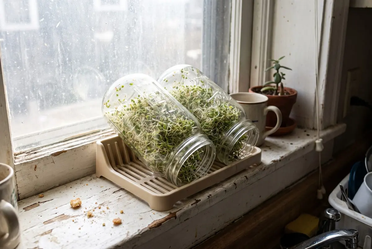 Two quart jars full of alfalfa sprouts resting mouth-down on a draining rack on a kitchen windowsill