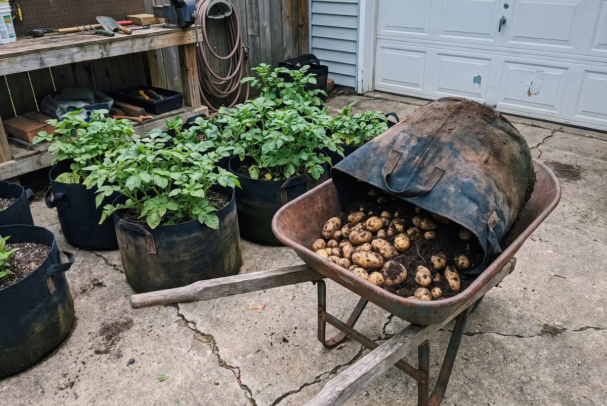 Potato plants growing in black fabric grow bags on a concrete patio, beside a wheelbarrow full of potatoes tipped out of one bag