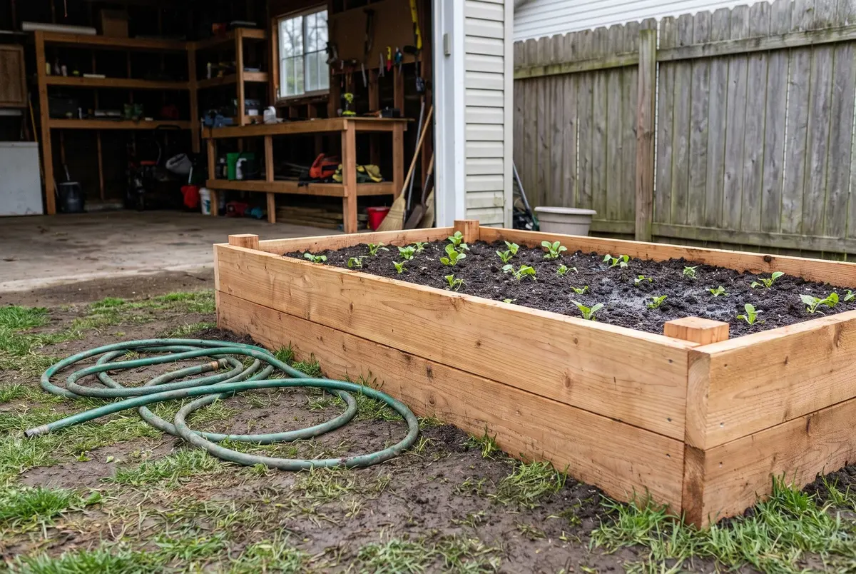 A newly built 4x8 raised bed of unfinished cedar boards filled with dark soil and small seedlings, with a green garden hose coiled on the grass