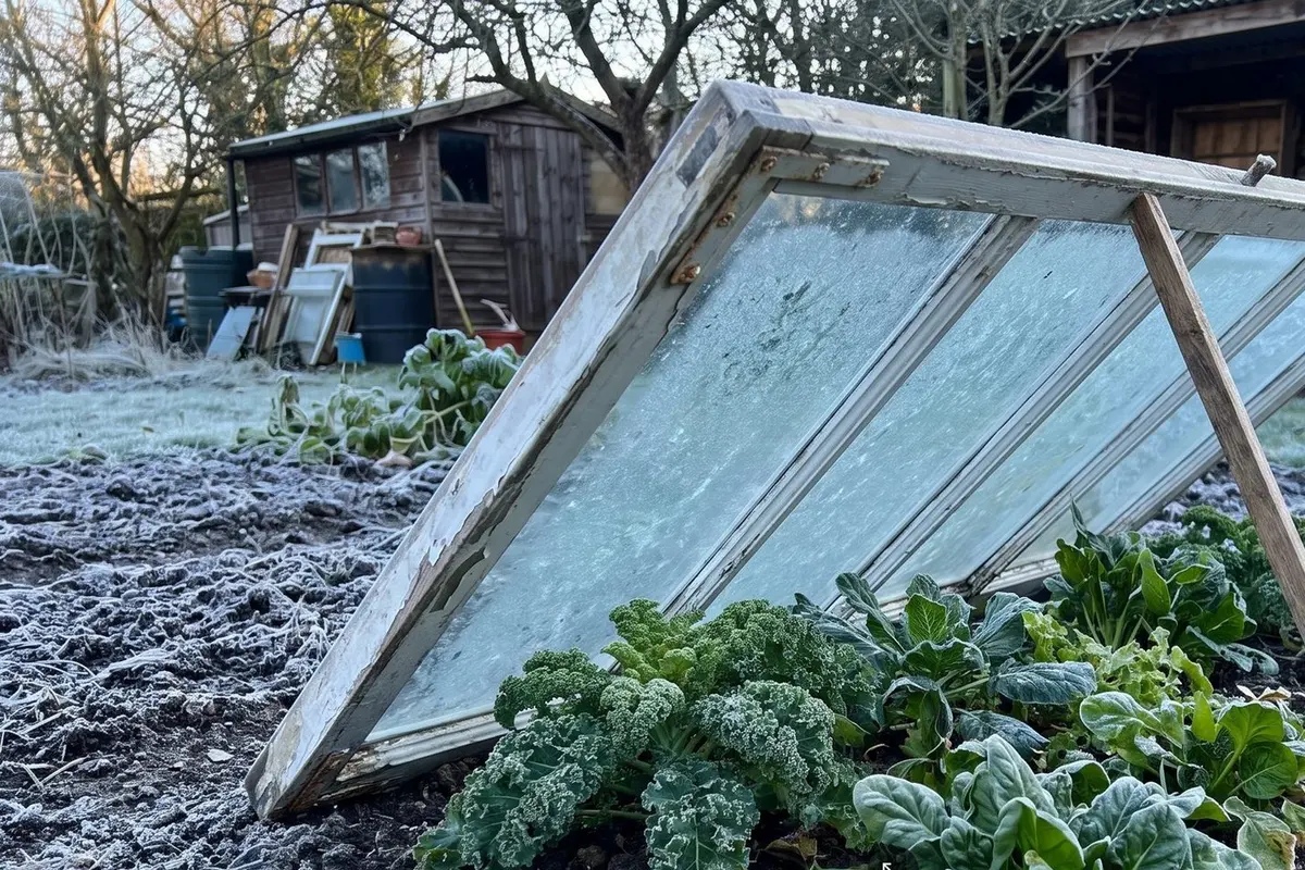 An old wooden window sash propped open on a stick over frosted kale and spinach in a winter garden