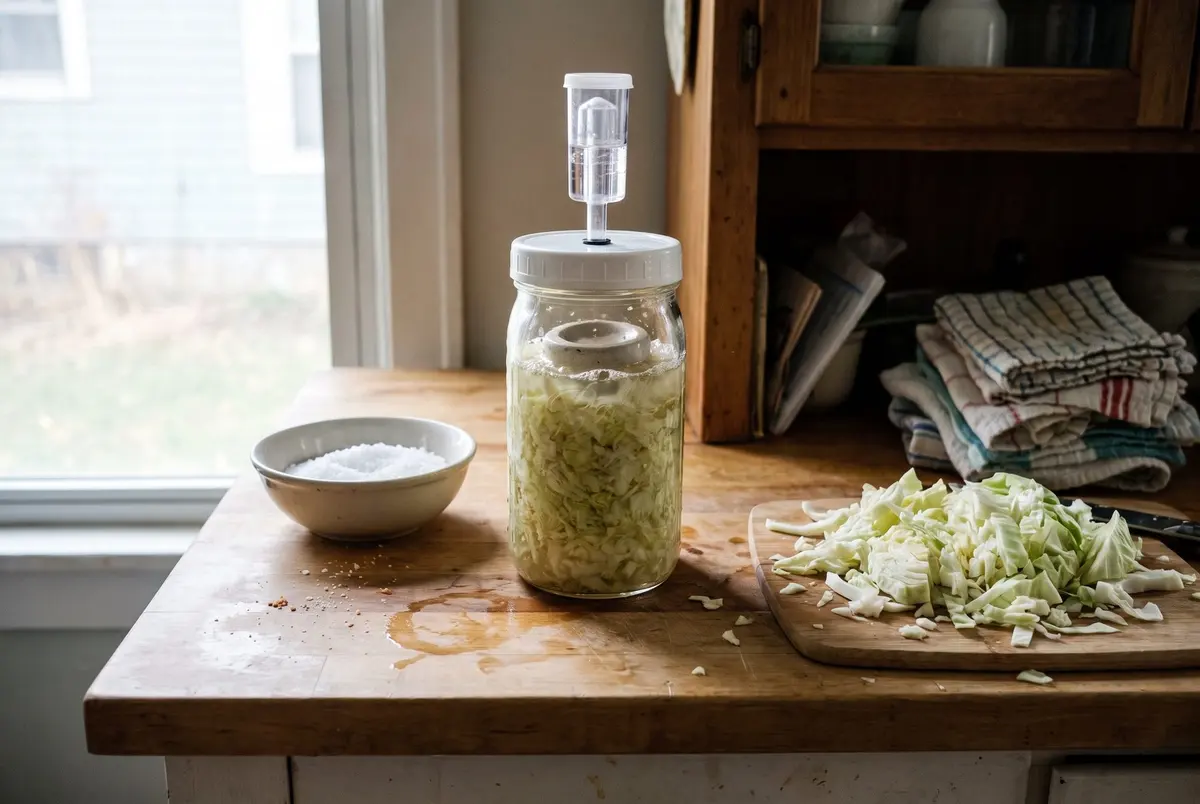 Shredded cabbage packed under brine in a glass jar with an airlock lid, next to a bowl of salt and a cutting board of sliced cabbage