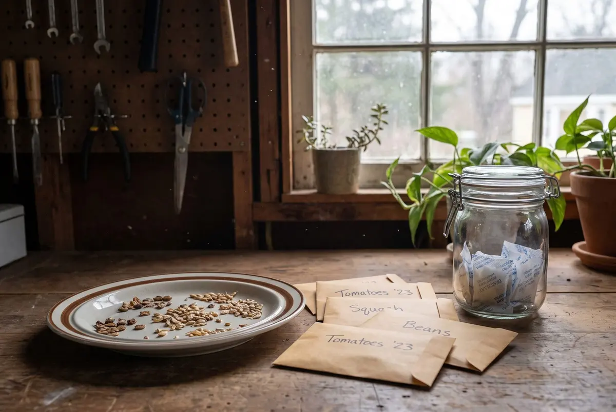 Seeds drying on a plate beside hand-labeled paper seed envelopes and a clamp-lid glass jar holding desiccant packets