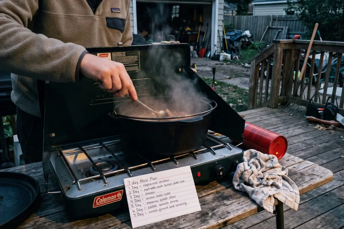 A cast iron Dutch oven steaming on a two-burner propane camp stove on an outdoor table, with a handwritten seven-day meal plan card in front