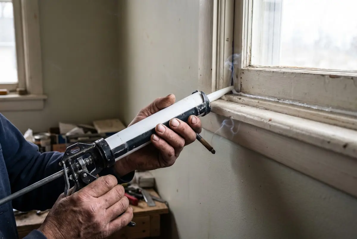 Weathered hands holding a caulk gun to a window sill while a thin trail of incense smoke drifts at the frame