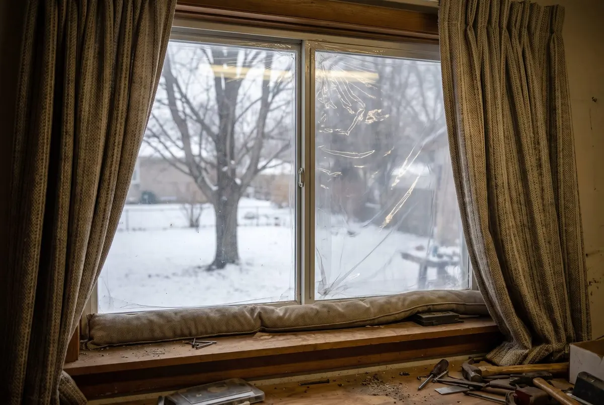 A snowy backyard seen through a window covered in clear shrink film, framed by heavy lined curtains, with a fabric draft snake along the sill