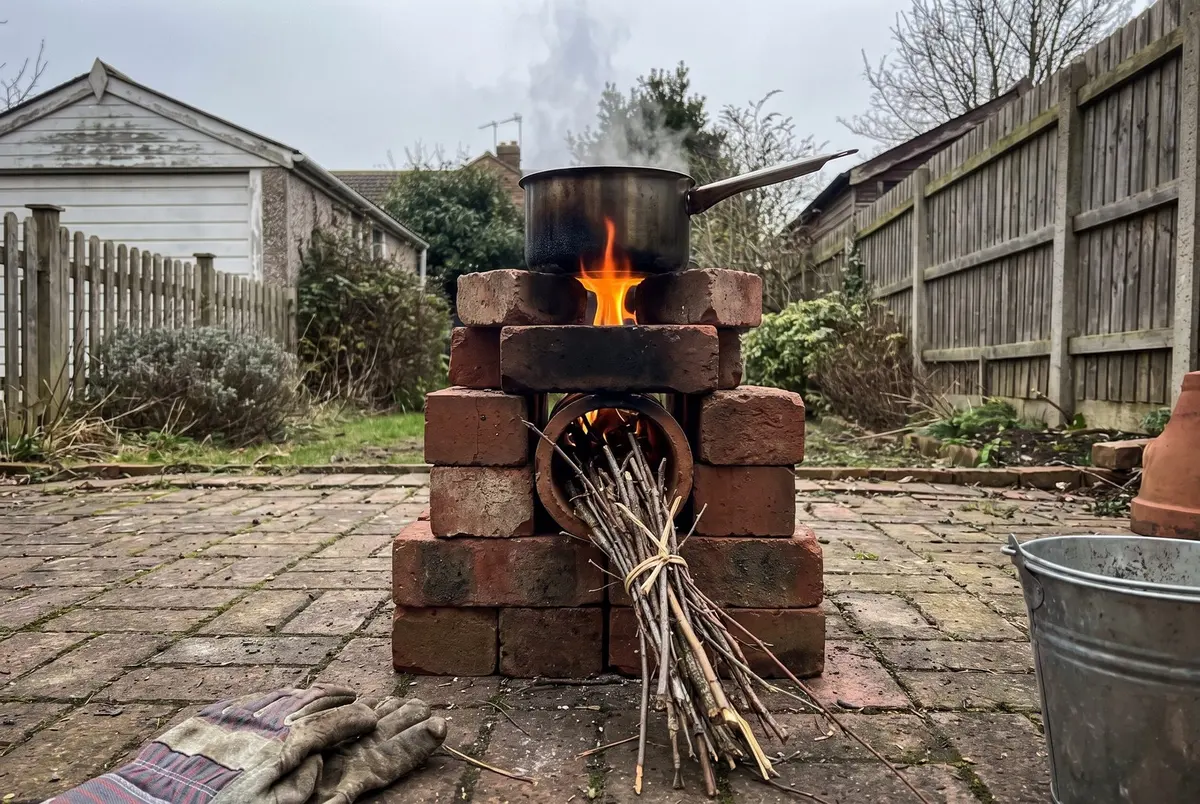 A dry-stacked red brick rocket stove on a backyard patio with a steaming saucepan on top, flames under the pot, a bundle of thin sticks in the round feed opening, work gloves and a metal bucket nearby