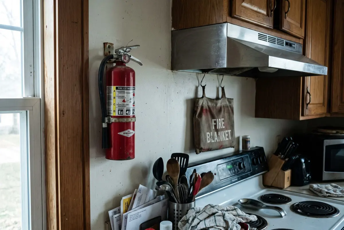A red ABC fire extinguisher on a wall bracket beside a kitchen window, next to a fabric pouch labeled Fire Blanket hanging under the range hood above an electric stove