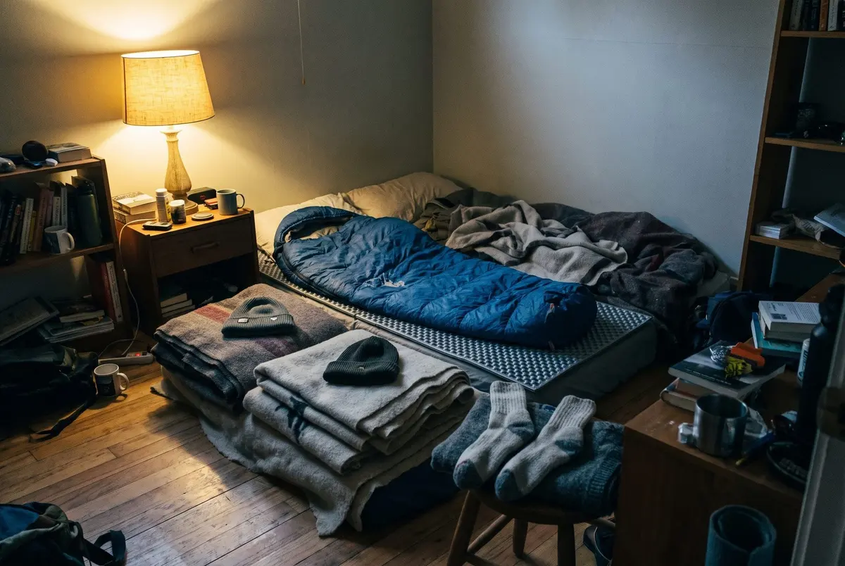 A blue sleeping bag on a foam pad in a dim bedroom, with folded wool blankets, knit caps and wool socks staged beside it under a lamp