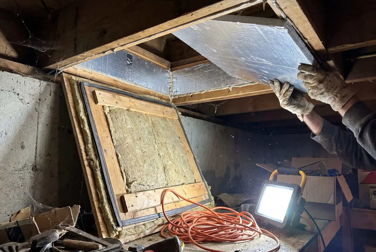 Gloved hands pressing a foil-faced foam board into place in an attic opening, beside a hatch panel backed with mineral wool, lit by a work light