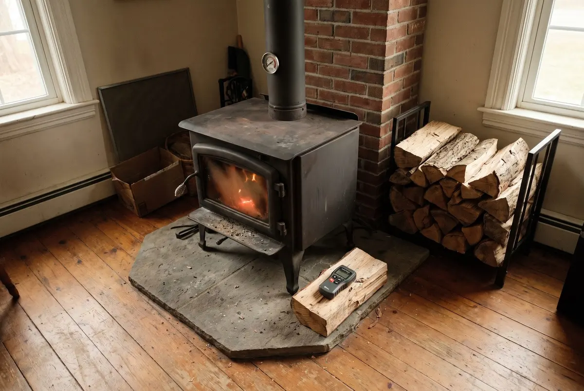 A black wood stove with a fire behind its glass door on a stone hearth pad in front of a brick wall, with a thermometer on the stovepipe, a rack of split logs and a moisture meter resting on a log