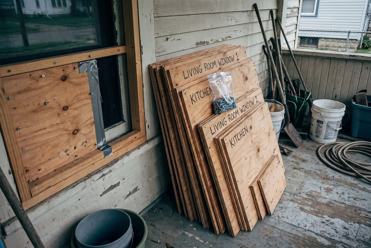 Pre-cut plywood panels labeled Kitchen and Living Room Window leaning on a porch wall beside a window already covered with a plywood board