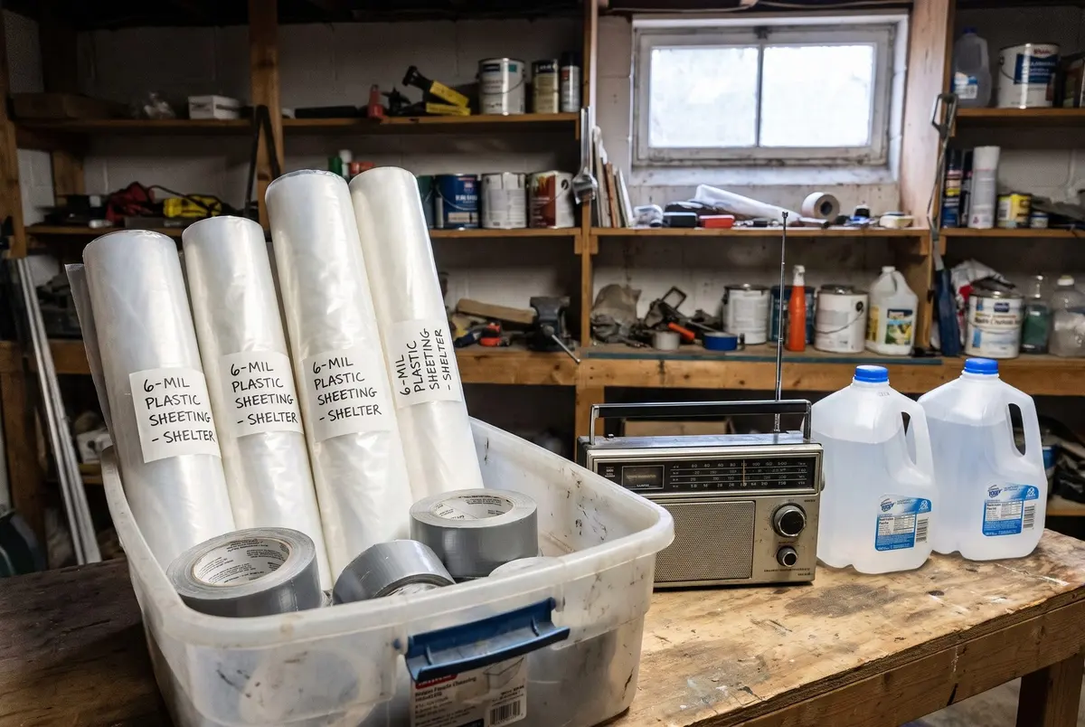 A clear plastic bin holding rolls of plastic sheeting labeled 6-mil plastic sheeting shelter and several rolls of duct tape, beside a portable radio and two gallon jugs of water on a basement workbench