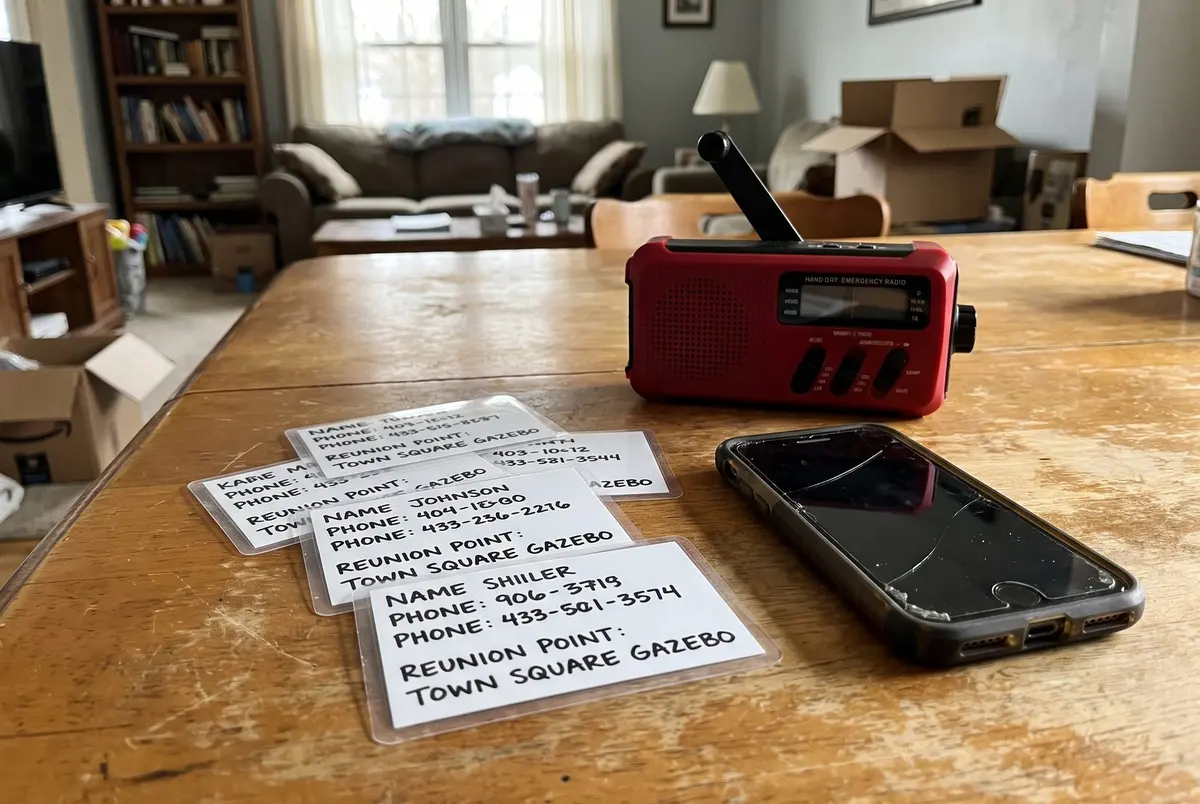 Laminated contact cards with names, phone numbers and a reunion point on a wooden table, beside a red emergency radio and a smartphone
