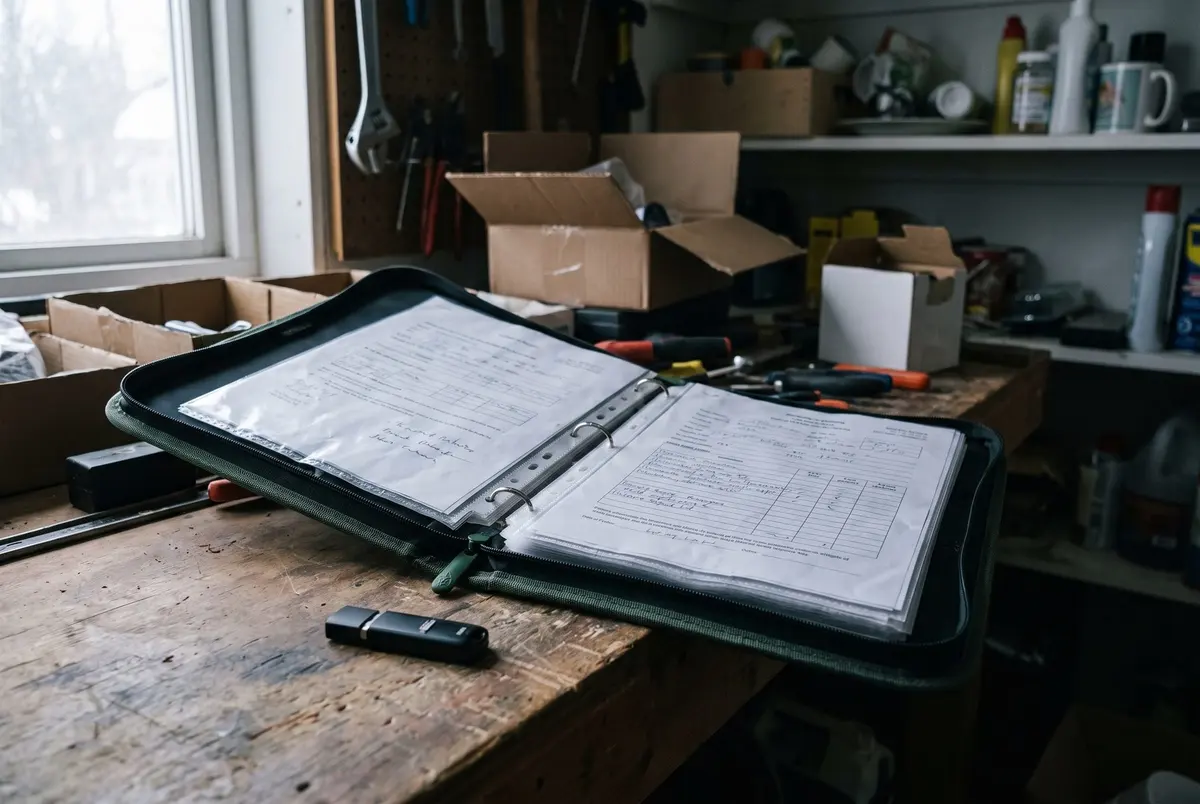 An open zippered binder of documents in clear sheet protectors on a workbench, with a black USB drive lying in front of it