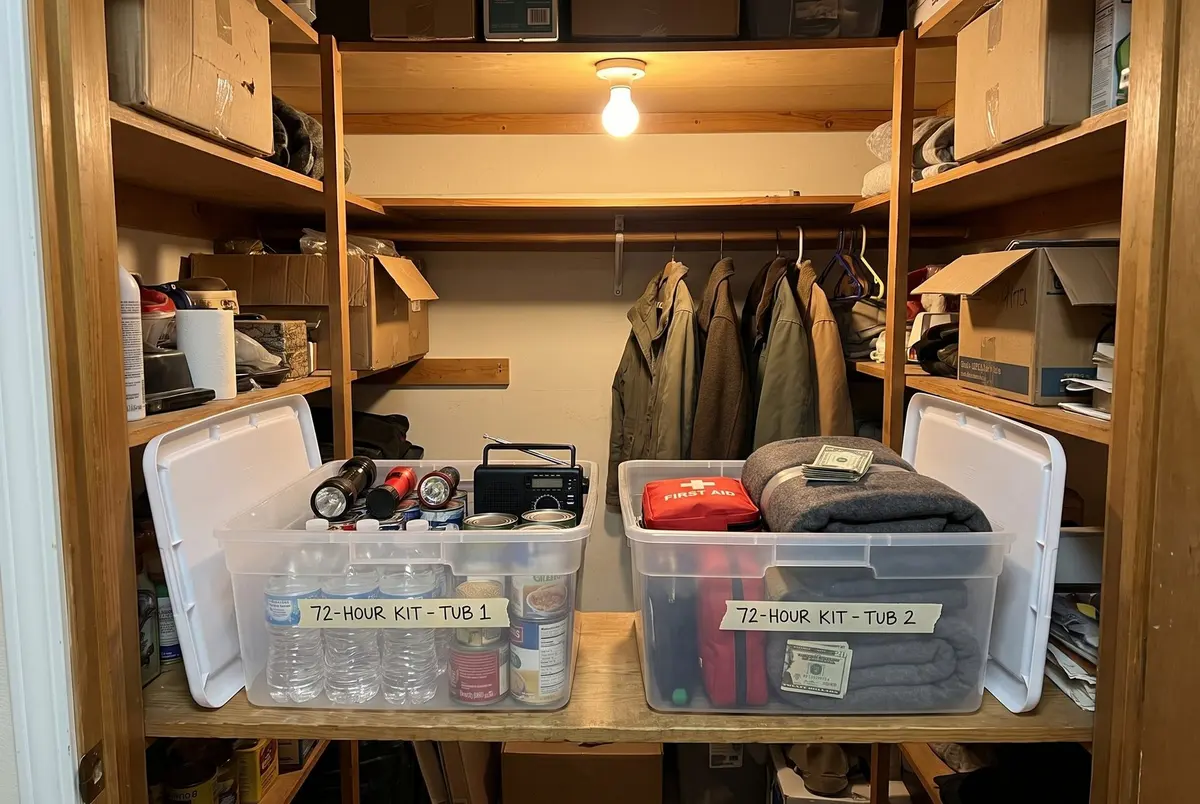 Two clear plastic tubs labeled 72-Hour Kit on a closet shelf, holding bottled water, cans, flashlights, a radio, a first aid kit, blankets and cash