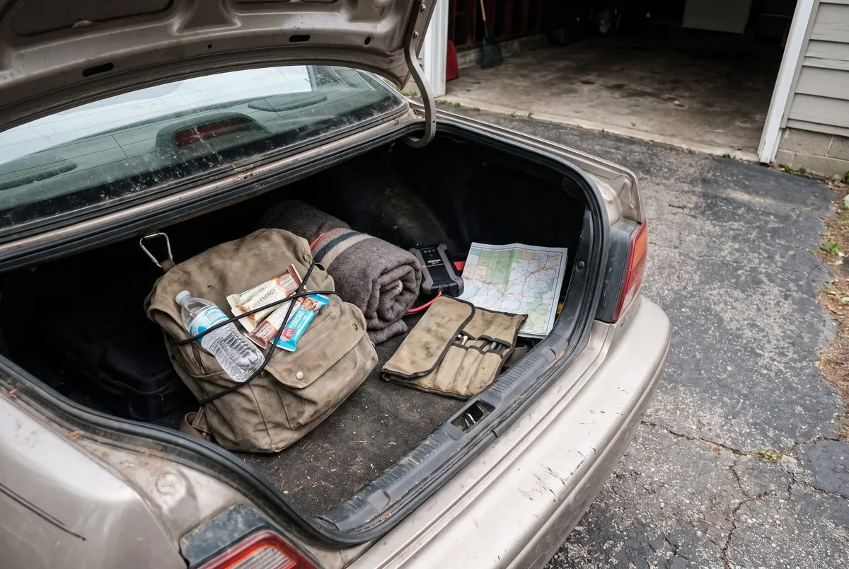 An open car trunk holding a canvas backpack with a water bottle and calorie bars, a rolled wool blanket, a jump pack, a tool roll and a paper road map