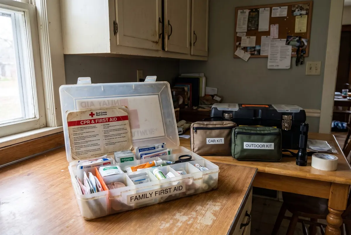 An open plastic first aid box labeled Family First Aid with a CPR card in the lid, on a kitchen counter beside zipped bags labeled Car Kit and Outdoor Kit