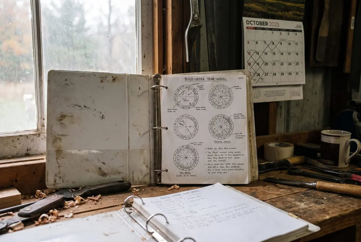 An open binder on a wooden workbench showing a hand-drawn build-order year wheel, with an October wall calendar and a coffee mug behind it