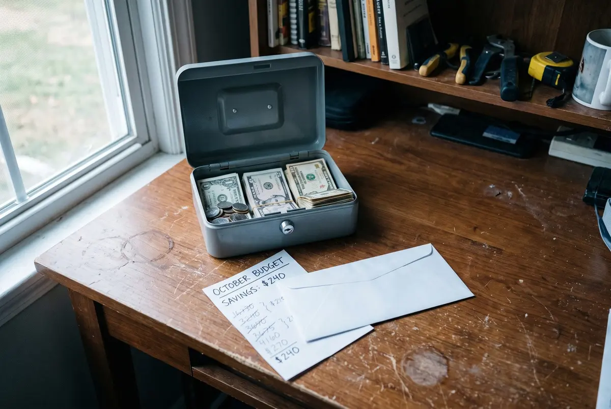 An open gray cash box holding small bills and coins on a wooden desk by a window, next to a handwritten October budget note and a white envelope