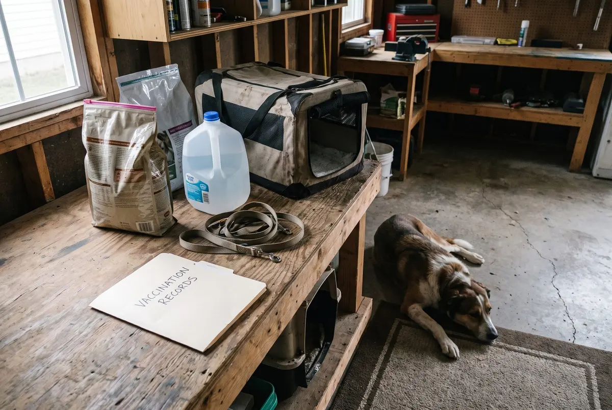 A dog lying on a mat in a garage workshop beside a bench holding a bag of dog food, a water jug, a pet carrier, a leash and a folder labeled Vaccination Records