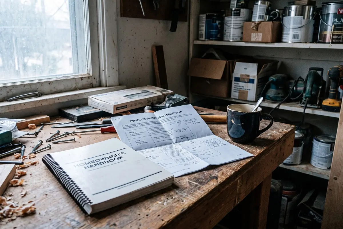 A spiral-bound handbook and a printed five-phase build-order plan on a workshop bench, next to a coffee mug, loose screws and wood shavings