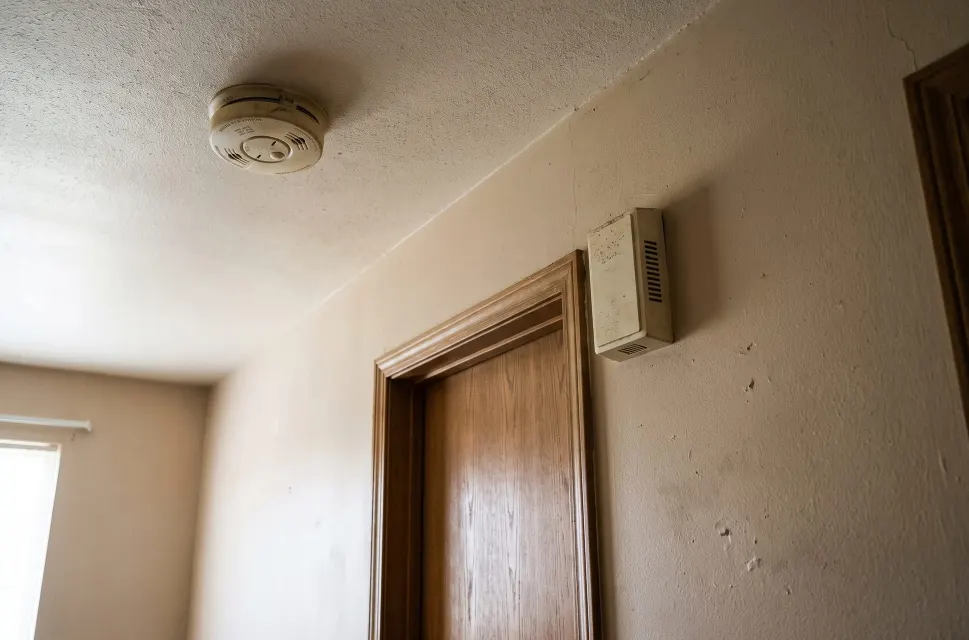 A round smoke alarm on a textured hallway ceiling and a rectangular carbon monoxide alarm mounted on the wall beside a wooden door frame