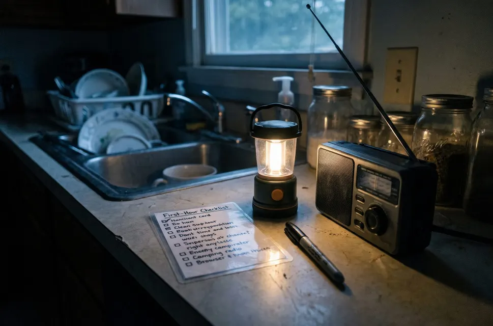 A handwritten first-hour checklist in a plastic sleeve on a kitchen counter, beside a lit camping lantern, a marker and a battery radio