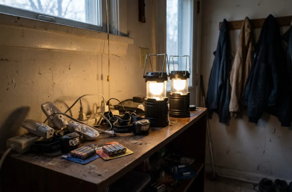 Two lit LED lanterns, a row of headlamps, plug-in night lights and packs of spare batteries on a wooden shelf by a window, with coats hanging on the wall beside it