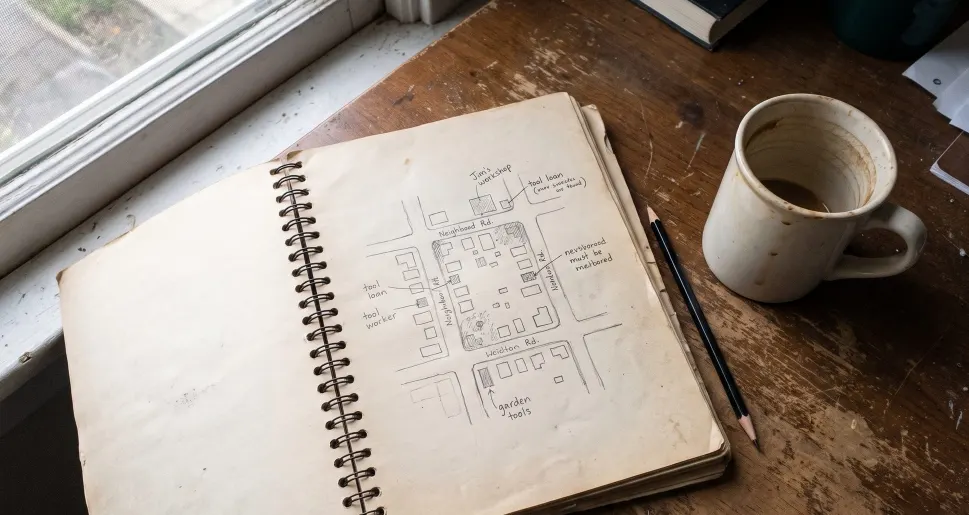 A spiral notebook open to a pencil sketch of a neighborhood block with handwritten notes, next to a pencil and a coffee mug by a window