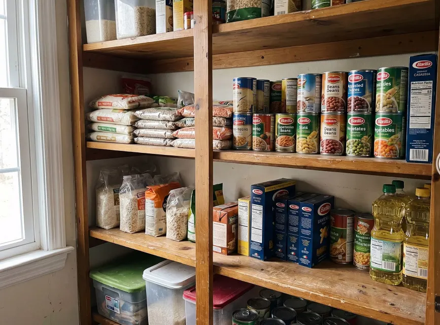 Wooden pantry shelves stocked with bags of rice and beans, boxes of pasta, rows of canned vegetables and beans, and bottles of cooking oil