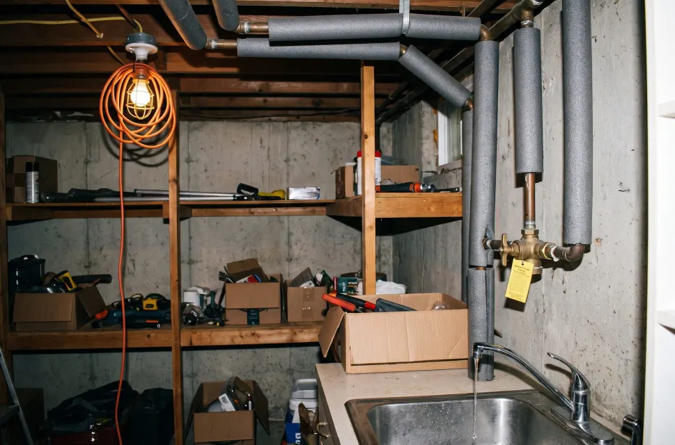 A basement with gray foam sleeves on the water pipes, a yellow tag hanging from the brass main shutoff valve, a work light on an orange cord and a thin stream dripping from a utility sink faucet