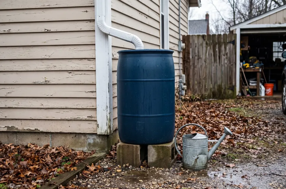 A blue 55-gallon rain barrel on two concrete blocks under a white downspout, with a metal watering can on the gravel beside it