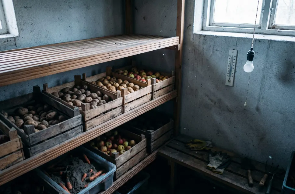 Wooden crates of potatoes and apples on slatted shelves in a cold concrete basement corner, with a bin of carrots in sand and a wall thermometer