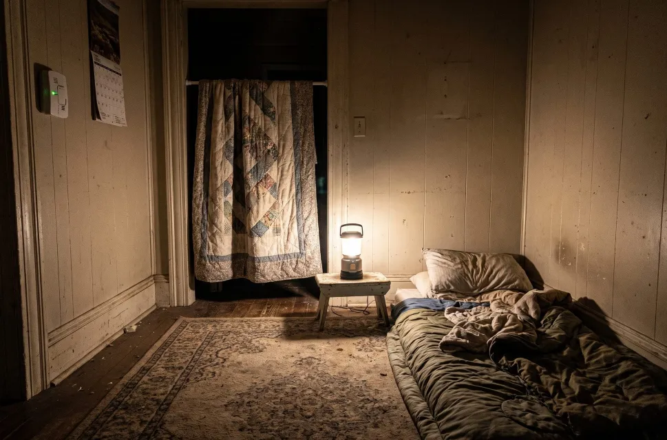 A small room at night lit by a camping lantern on a stool, with a quilt hung across the doorway, a rug on the floor, a sleeping pad and sleeping bag along the wall and an alarm on the wall by the door