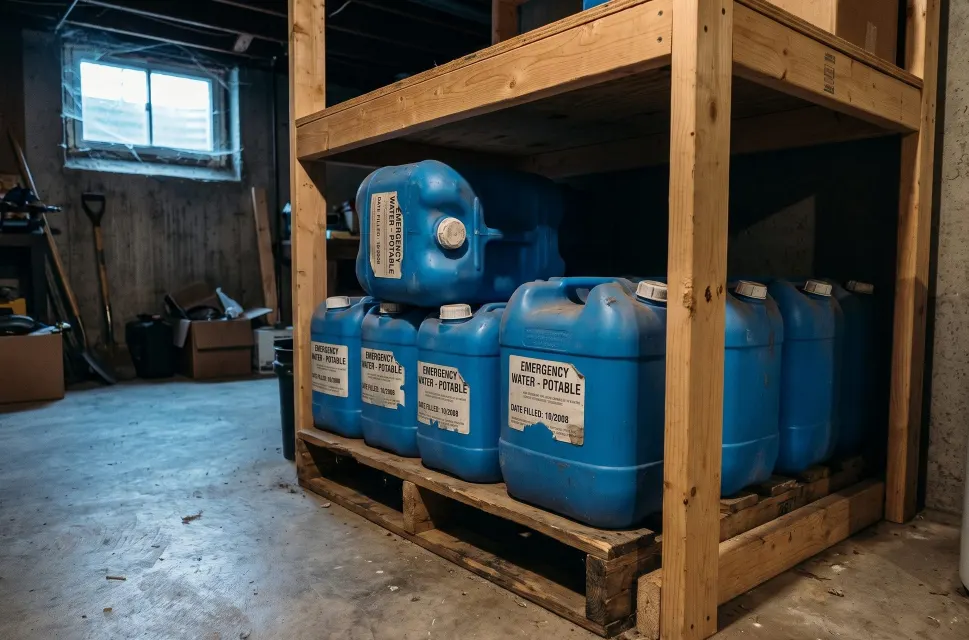 Blue 5-gallon water containers labeled Emergency Water - Potable with fill dates, stacked on a wooden pallet and shelf in a basement