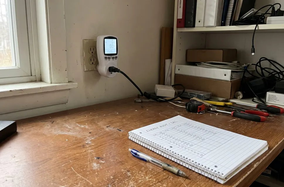 A plug-in energy meter in a wall outlet above a wooden desk, with a spiral notebook titled Energy Audit, a pen and hand tools