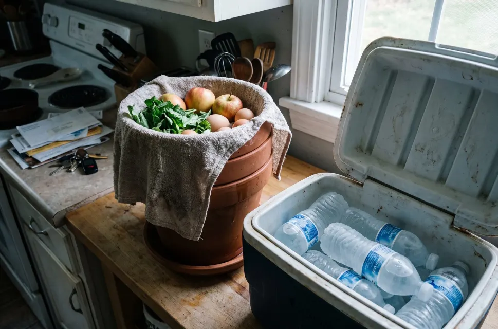 A clay pot holding apples, onions and leafy greens under a damp cloth, next to an open cooler packed with frozen water bottles