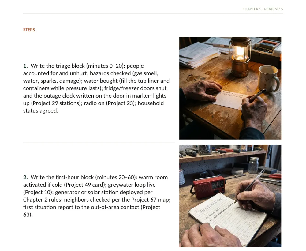Inside The Off-Grid Handbook: Project 61 · The First-Hour Checklist · Easy · 1 evening · ~$10