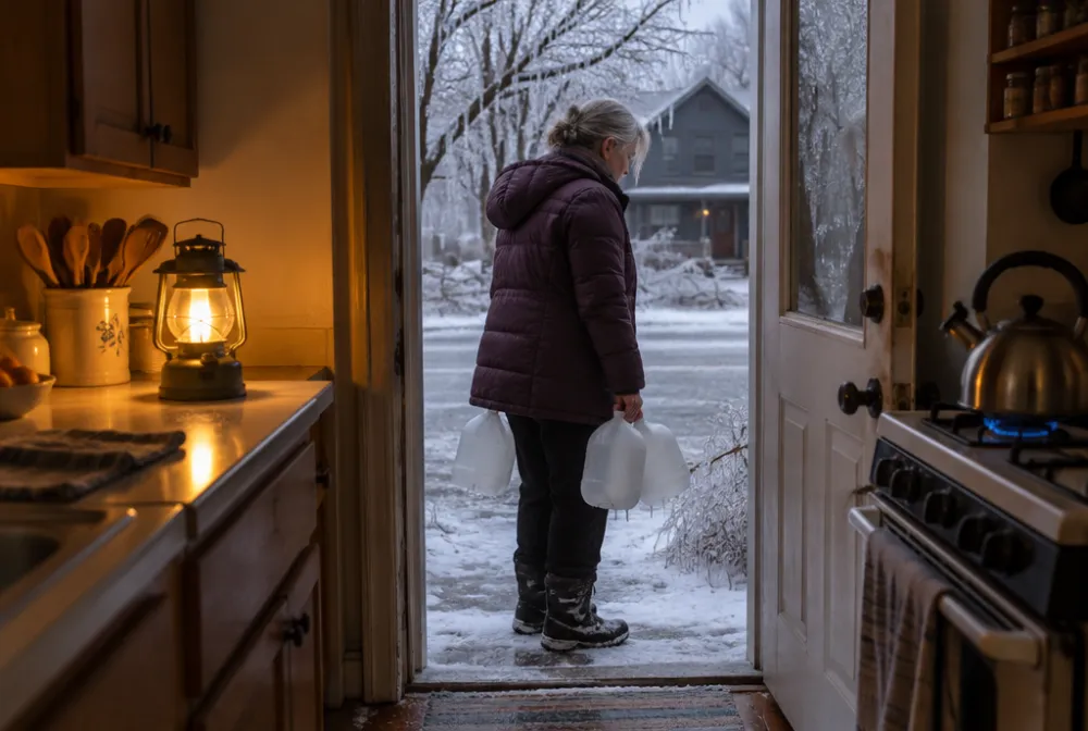 Seen from a warm lantern-lit kitchen, a woman in a winter coat stands at the back door in the ice holding two water jugs