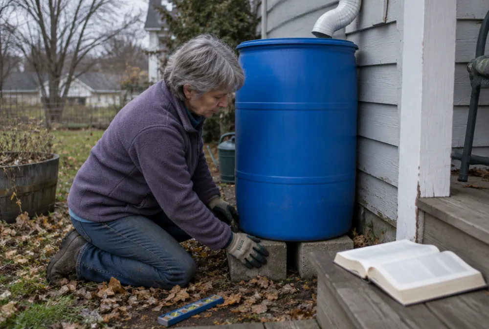 A woman in her sixties in work gloves levels a blue barrel on two concrete blocks under a downspout, an open book on the porch step beside her
