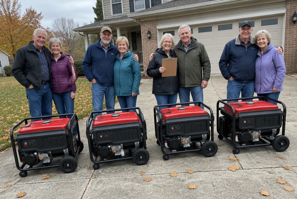 Four couples standing behind four new generators lined up in a driveway, a woman in the middle holding a clipboard